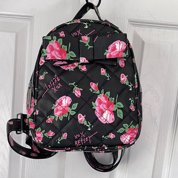 Betsey Johnson Floral Black Mini Backpack with Pink Accents - Picture 11 of 12